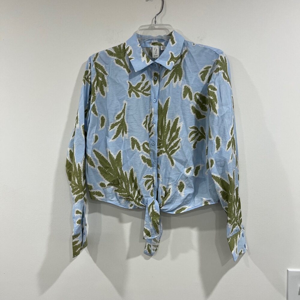 Joie Women's Palm Tropical Sateen Twill Button Up tie Crop Top Blouse Medium